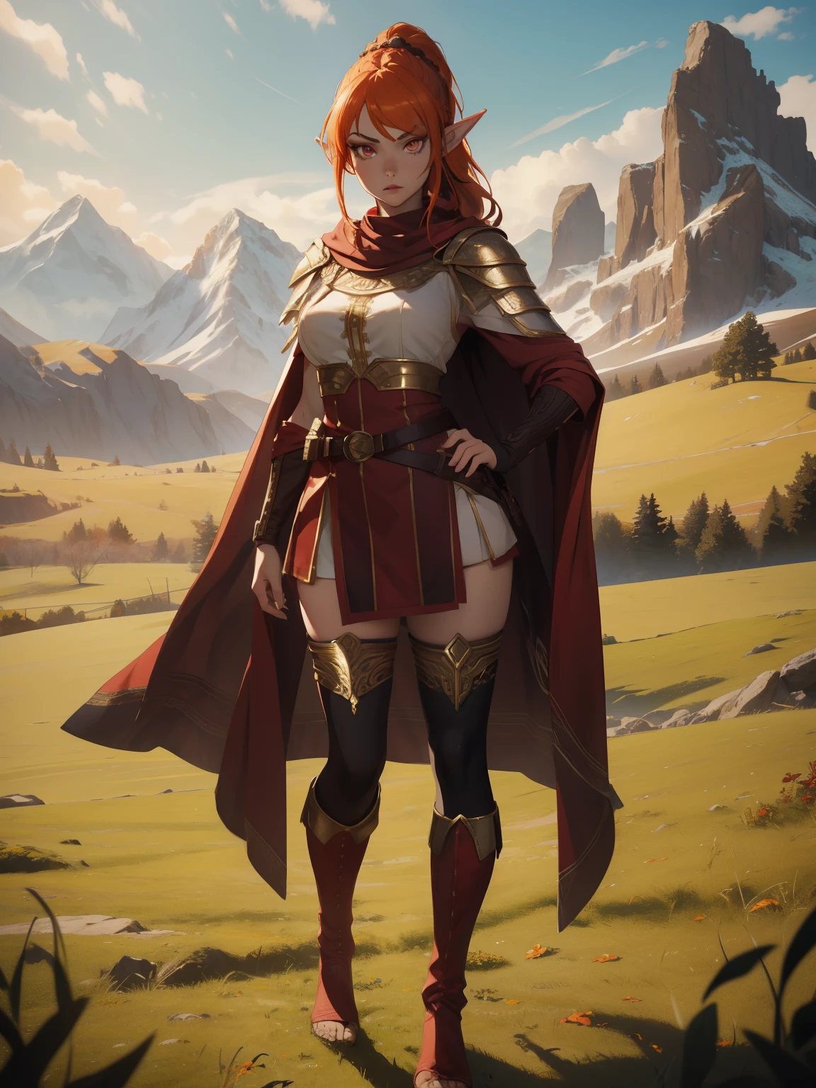 masterpiece, high quality, 1_woman, ((full body)), (Caucasian skin_complexion:1.4),mature, standing looking at the viewer, black face, tall, beautiful, exotic, with long elf ears, long hair, (braided ponytail), orange hair, detailed face, having diamond shaped eyes, (wearing eye patch), red eye, (dark_eyeliner), long_eyelashes medium_bust, wearing gladiator armor, red cape, long fingerless_gloves, belts, making fist, black thigh highs with embroidery, knee boots, dynamic lighting casts detailed shadows, on a grass grassy hill, mountains in the distance,