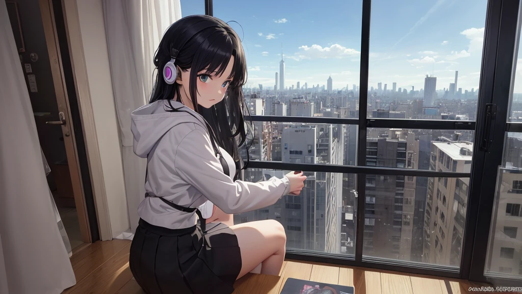 Absurd, Ultra-high resolution, (Official Art, beautifully、mysterious:1.2), Anime Art Wallpaper, 8K, An atmosphere of praise, Correct human body composition, Striking eyes, Oversized hoodie and short skirt, Shiny long black hair, Larger than average bust, Girl listening to music with headphones, Looking out the window, Coffee on the desk, lo-fi girl, Works by Makoto Xin Haicheng, Anime atmosphere, Lofi Art Style, Anime Aesthetics, Lo-fi feel, City Room, Teenage Girl's Room, A room for music lovers, city view from the window, Impressive cityscape, Bright Sky