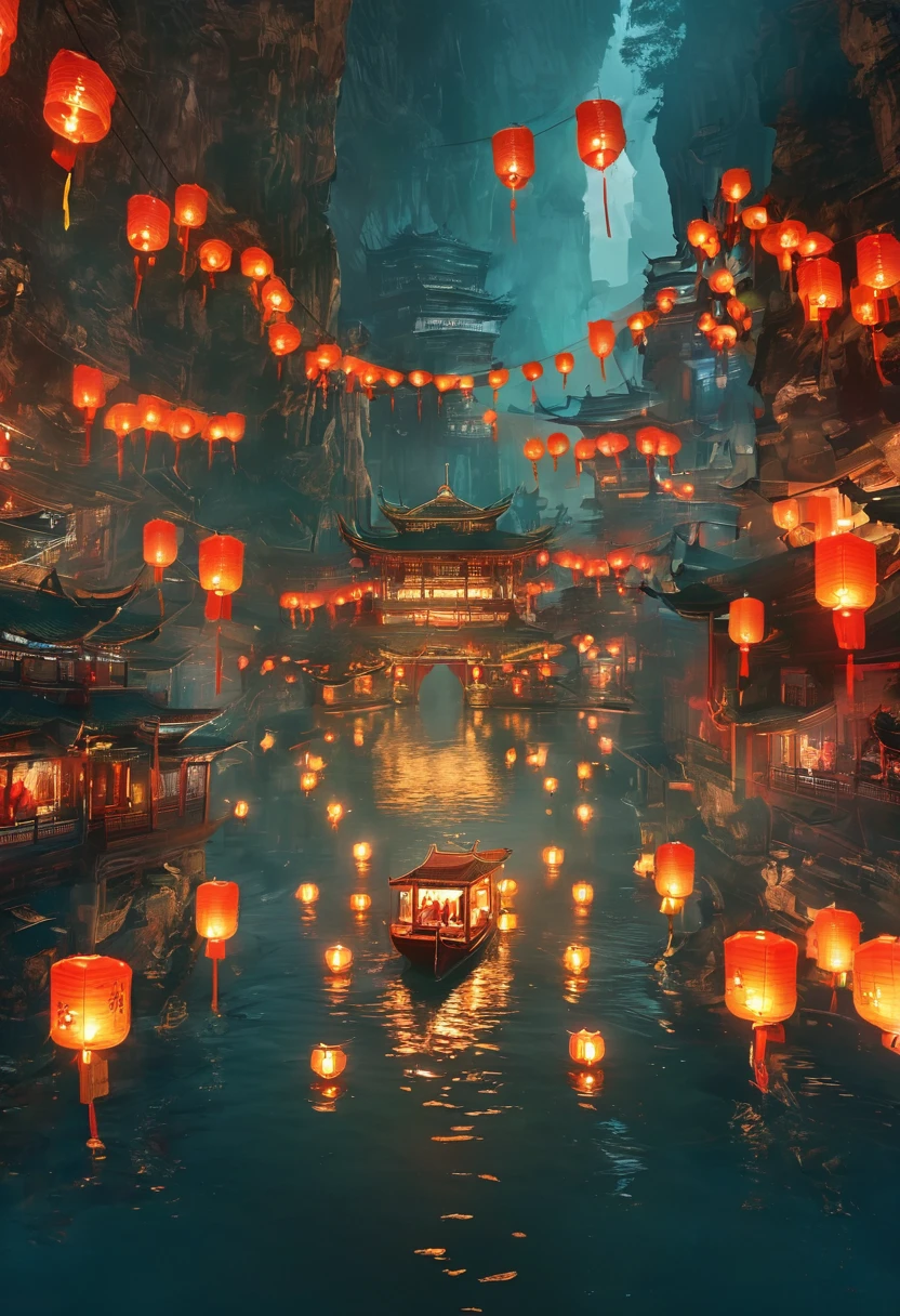 Chinese festival atmosphere，a person sitting on a boat in the water holding lanterns, in the style of futuristic landscapes, guys, gloomy metropolises, Ruan Jia, Grzegorz Domaradzki, oriental-like, cabincore，Beautiful and dreamy，Kongming Lantern Wishing Lantern