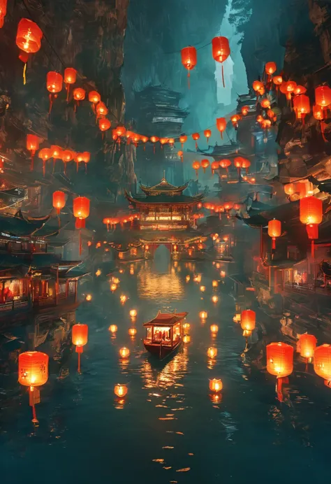 chinese festival atmosphere，a person sitting on a boat in the water holding lanterns, in the style of futuristic landscapes, guy...