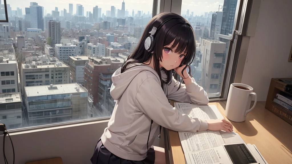 Absurd, Ultra-high resolution, (Official Art, beautifully、mysterious:1.2), Anime Art Wallpaper, 8K, Works by Makoto Xin Haicheng, Lofi Art Style, Correct human body composition, Striking eyes, Oversized hoodie and short skirt, Shiny long black hair, Larger than average bust, Girl listening to music with headphones, Looking out the window, Coffee on the desk, lo-fi girl, Anime atmosphere, Anime Aesthetics, Lo-fi feel, City Room, Teenage Girl's Room, A room for music lovers, city view from the window, Impressive cityscape, Bright Sky