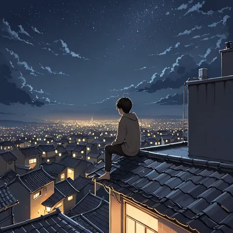 on the rooftop late at night，a young boy alone。the night covers every corner of the city，the starry sky is twinkling with a fain...