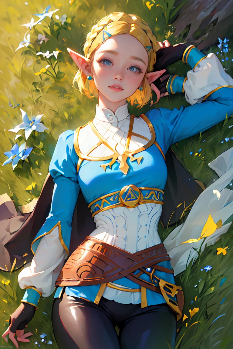 ((Masterpiece, top quality, high resolution)), ((highly detailed CG unified 8K wallpaper)), 1girl, Princess Zelda, short hair, crown braid, hairclip, pointy ears, brown cape, blue shirt, puffy sleeves, long sleeves, fingerless gloves, black gloves, black pants, tight pants, aazelda, long hair, crown braid, hairclip, pointy ears, blue shirt, long sleeves, fingerless gloves, black gloves, black pants, tight pants sweating, outdoors, grass, meadow, cliffs, stony,