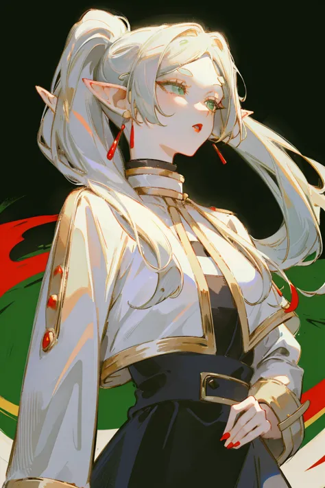 Standing with upper body, Honey, solitary, White skin, Long gray hair, Double ponytail hairstyle, (Elf ears), Green Eyes, Like a...
