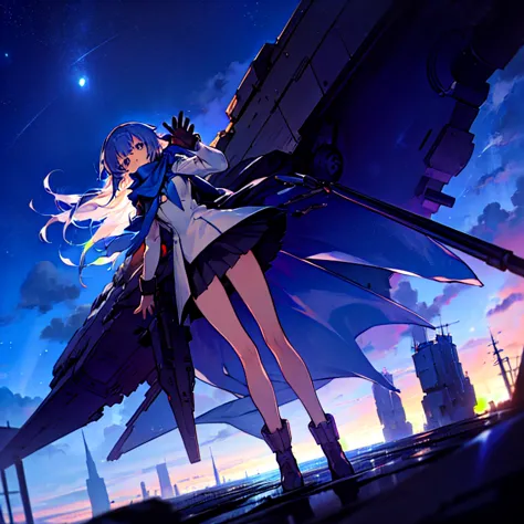 masterpiece, best quality, 4k, mecha, starry sky, sky, star(sky), cape, scarf, long legs, long hair, white hair, cyberpunk, dept...