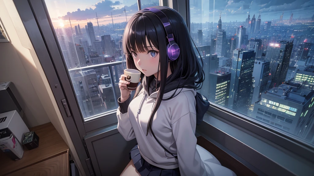 (Official Art, beautifully、mysterious:1.2), Ultra-high resolution, 8K, Anime Art Wallpaper, Works by Makoto Xin Haicheng, Lofi Art Style, Correct human body composition, Striking eyes, Oversized hoodie and short skirt, Shiny long black hair, Larger than average bust, Girl listening to music with headphones, Looking out the window, Coffee on the desk, lo-fi girl, Anime atmosphere, Anime Aesthetics, Lo-fi feel, City Room, Teenage Girl's Room, A room for music lovers, city view from the window, Impressive cityscape, Bright Sky