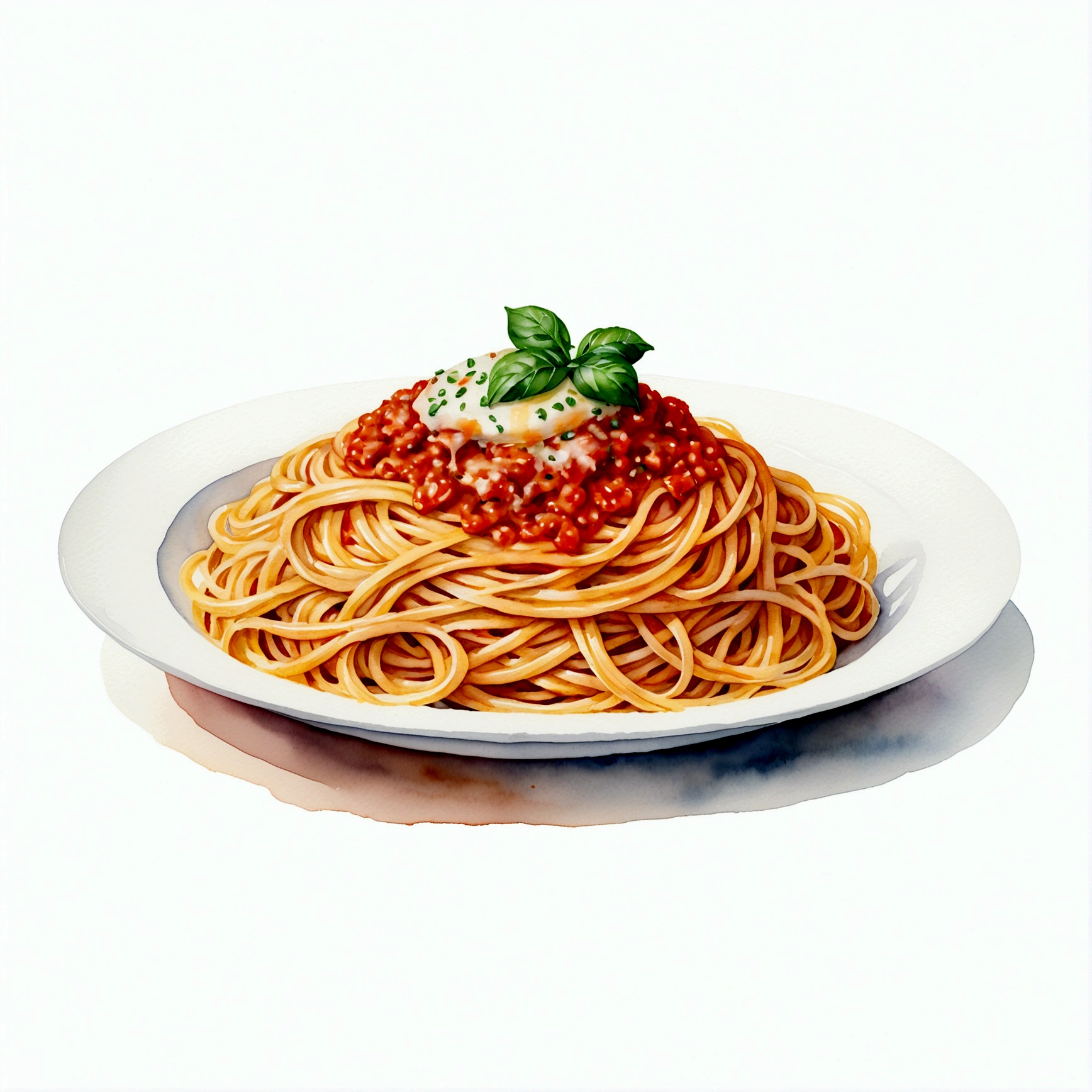 gibt es eine riesige extrem leckere Spaghetti, Illustration, isoliert mit solidem weißem Hintergrund, umgeben von negativem Raum, zentrierte Komposition, 8k, hochdetaillierte Malerei, sehr präzise Malerei, isoliert, klarer, strahlend weißer Hintergrund, perspektivischer Blickwinkel, realistisch, Aquarell