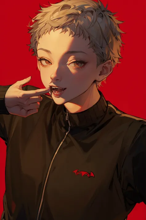 Short-haired man、Show your fangs,Pull the corners of your mouth with your hands、Black Jersey、Gray Hair