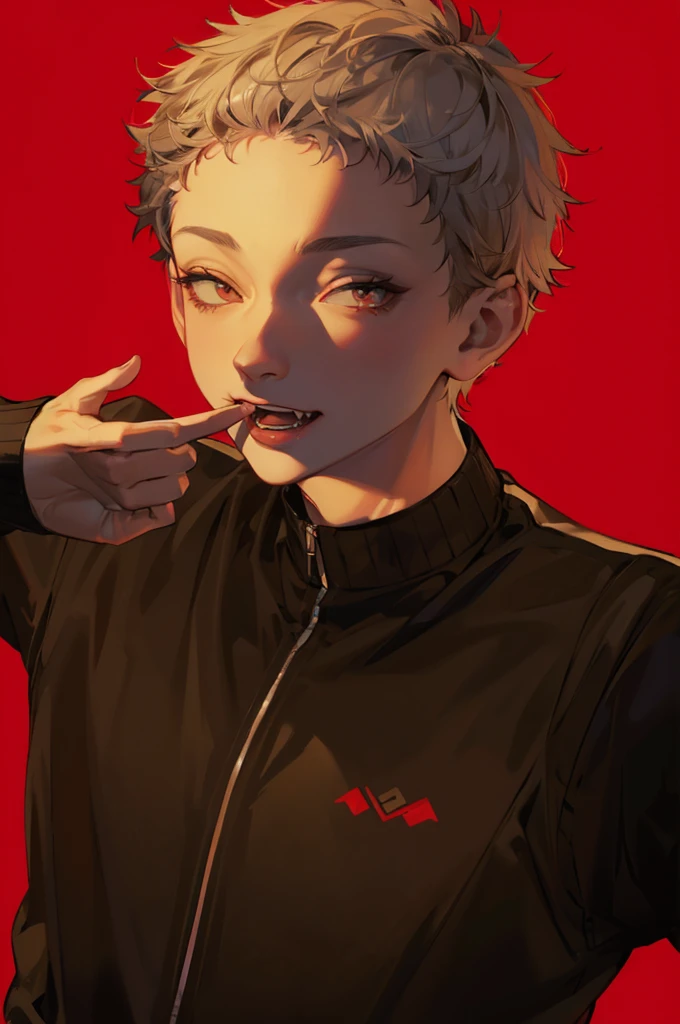 Short-haired man、Show your fangs,Pull the corners of your mouth with your hands、Black Jersey、Gray Hair