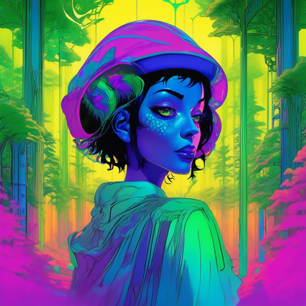 portrait | wide angle shot of eyes off to one side of frame, lucid dream-like woman, looking off in distance ::8 style | daydreampunk with glowing skin and eyes, styled in headdress, beautiful, she is dripping in neon lights, very colorful blue, green, purple, bioluminescent, glowing ::8 background | forest, vivid neon wonderland, particles, blue, green, purple ::7 parameters | rule of thirds, golden ratio, assymetric composition, hyper- maximalist, octane render, photorealism, cinematic realism, unreal engine, 8k