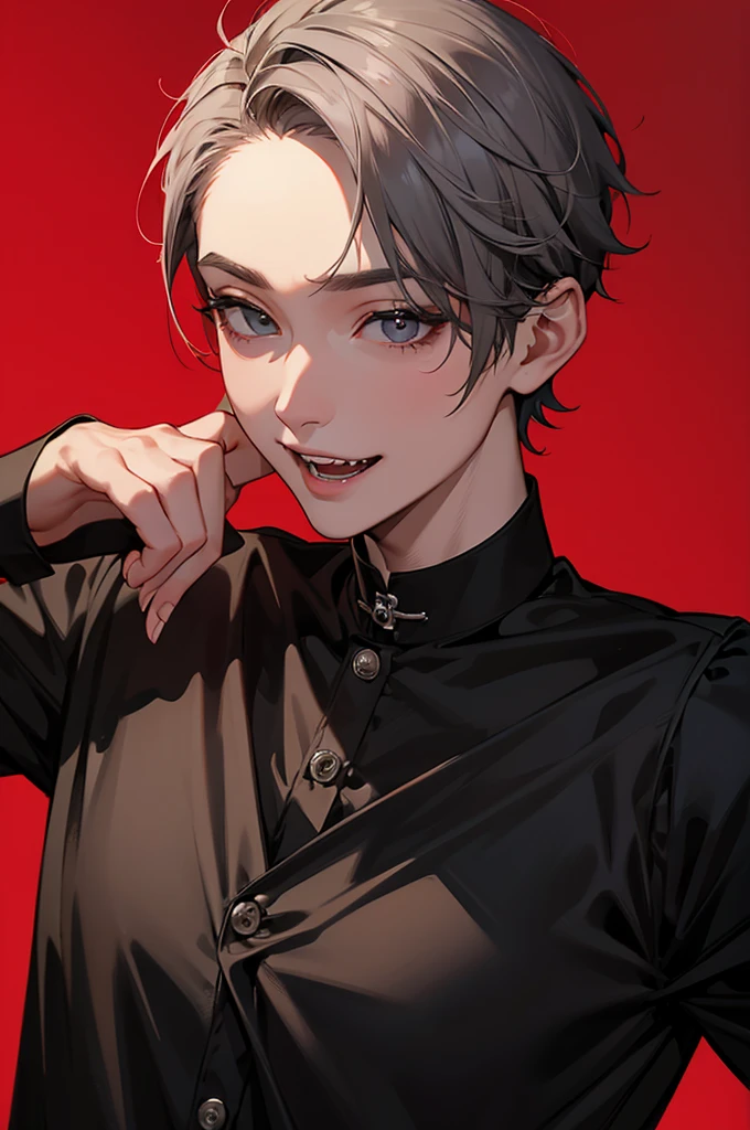 Short-haired man、Show your fangs,Pull the corners of your mouth with your hands、Black Jersey、Gray Hair