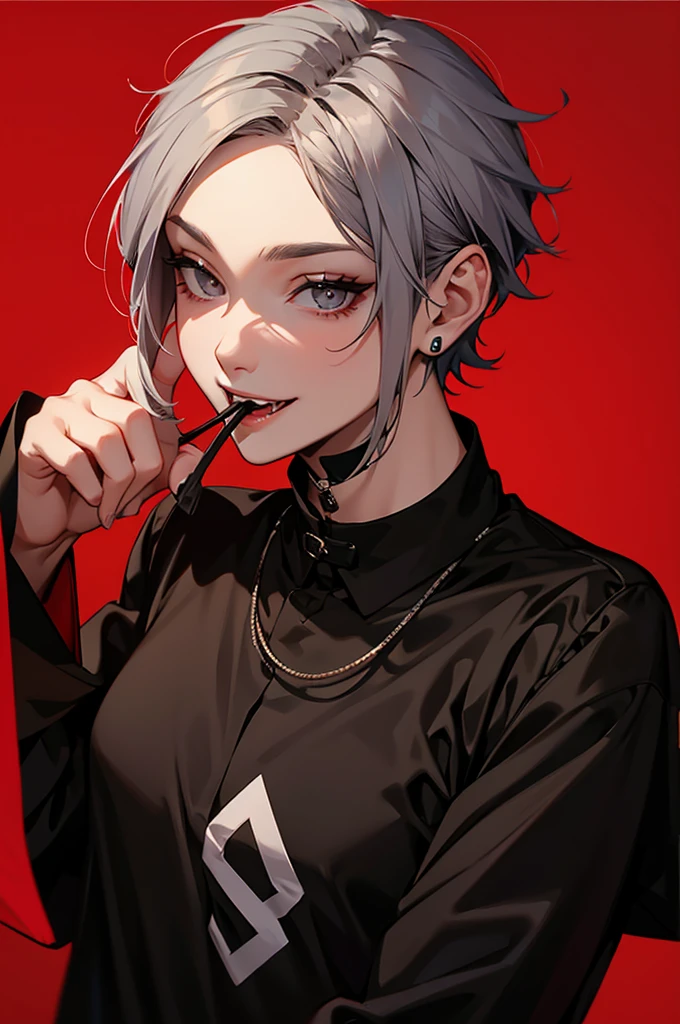 Short-haired man、Show your fangs,Pull the corners of your mouth with your hands、Black Jersey、Gray Hair