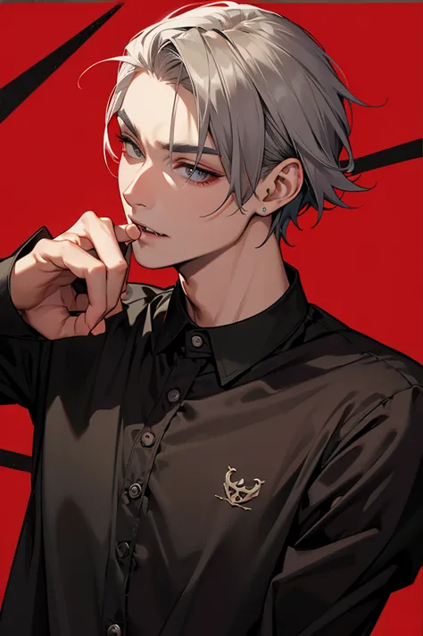 Short-haired man、Show your fangs,Pull the corners of your mouth with your hands、Black Jersey、Gray Hair