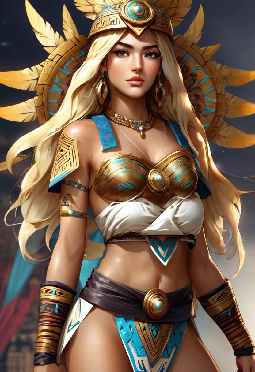 masterpiece, full HD, 8k, sexy adolescente jaeger, Blonde, 15 years old, wearing an aztec ceremonial costume, sensual, with the tits out, big and hard lactating nipples, without underwear, separating the legs, exposing her vagina, having an orgasm and squirting