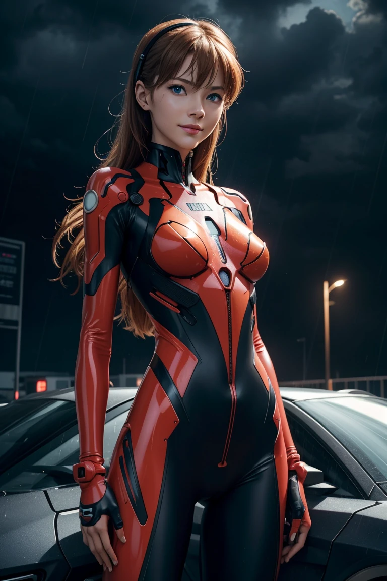 Evangelion,Asuka Langley,blaue Augen,Steckeranzug,Bodys,Schnittstelle Headset,赤いBodys,Ultra HD,Super Qualität,Meisterwerk,Digital SLR,fotorealistisch,Detaillierte Details,lebendige Details,Im Detail dargestellt,Ein detailliertes Gesicht,Detaillierte Details,Super Detail,realistische Hautstruktur,Anatomische Grundlagen,Perfekte Anatomie,Anatomisch korrekte Hand,Anatomisch korrekte Finger,Komplexes 3D-Rendering,sexy Pose,regnerischer Himmel,schöne Landschaft,Fantastischer regnerischer Himmel,malerisch,pinke Lippen,lächeln,