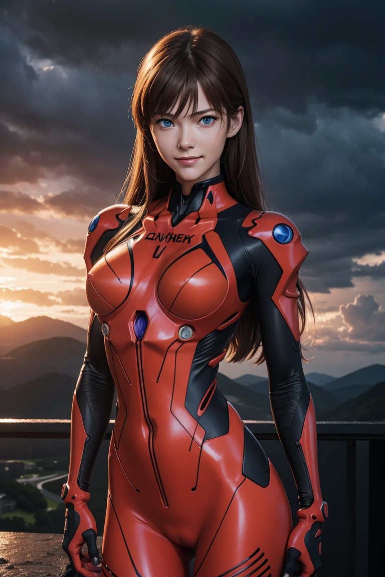 Evangelion,Asuka Langley,blaue Augen,Steckeranzug,Bodys,Schnittstelle Headset,赤いBodys,Ultra HD,Super Qualität,Meisterwerk,Digital SLR,fotorealistisch,Detaillierte Details,lebendige Details,Im Detail dargestellt,Ein detailliertes Gesicht,Detaillierte Details,Super Detail,realistische Hautstruktur,Anatomische Grundlagen,Perfekte Anatomie,Anatomisch korrekte Hand,Anatomisch korrekte Finger,Komplexes 3D-Rendering,sexy Pose,regnerischer Himmel,schöne Landschaft,Fantastischer regnerischer Himmel,malerisch,pinke Lippen,lächeln,