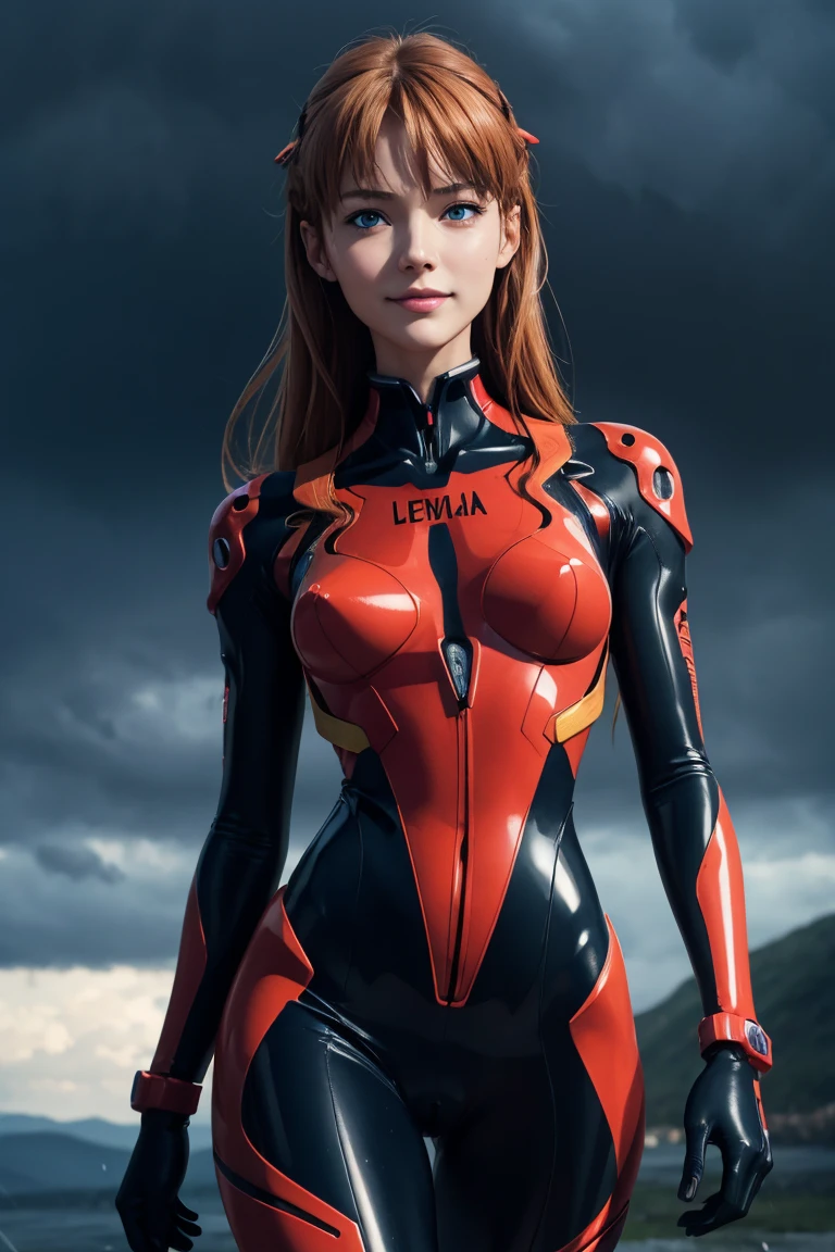 Evangelion,Asuka Langley,blue eyes,Plug Suit,Bodysuits,Interface Headset,赤いBodysuits,Ultra HD,super high quality,masterpiece,Digital SLR,Photorealistic,Detailed details,Vivid details,Depicted in detail,A detailed face,Detailed details,Super Detail,Realistic skin texture,Anatomical basis,Perfect Anatomy,Anatomically correct hand,Anatomically correct fingers,Complex 3D rendering,Sexy pose,Rainy Sky,Beautiful scenery,Fantastic rainy sky,Picturesque,Pink Lips,smile,