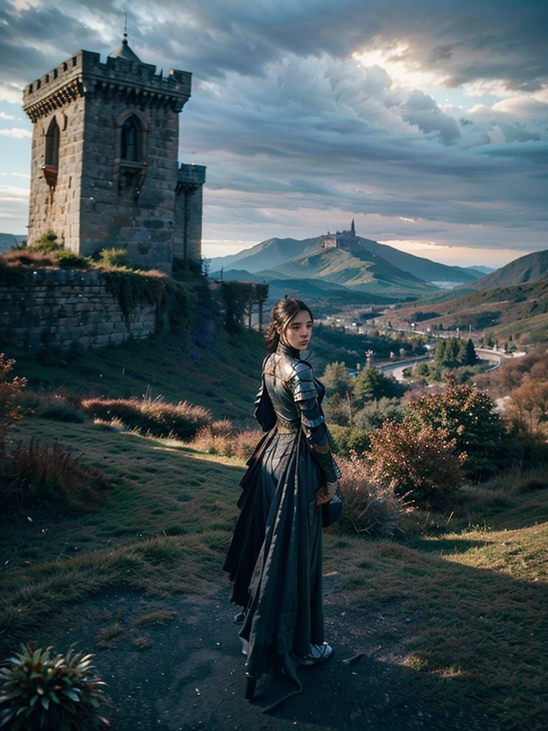 A warrior woman with her back turned, looking into the distance a kingdom, A beautiful castle stands out, guarded by a high wall and stone giants., watchtowers can be seen, the view is wide, from the bottom of the jacket. The kingdom looks big and prosperous with hanging gardens.

Hyperealismo, cinematic style, Ultra realism, HDR, cinematic lighting, unity rendering, high detail, 4k resolution, vfx effects.