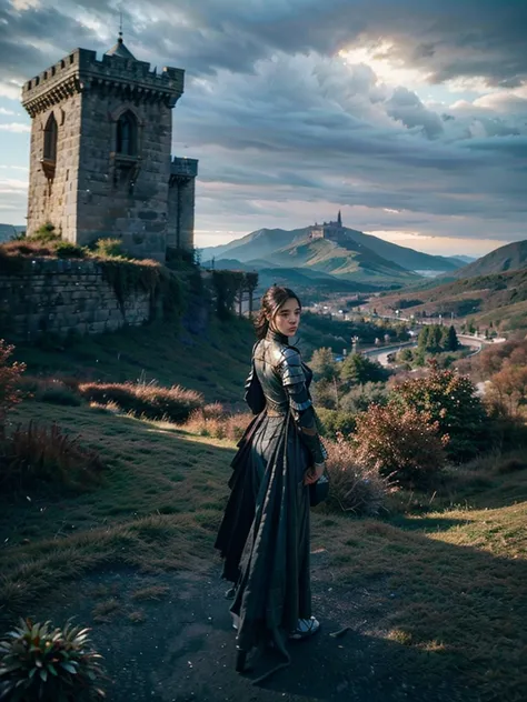 A warrior woman with her back turned, looking into the distance a kingdom, A beautiful castle stands out, guarded by a high wall...
