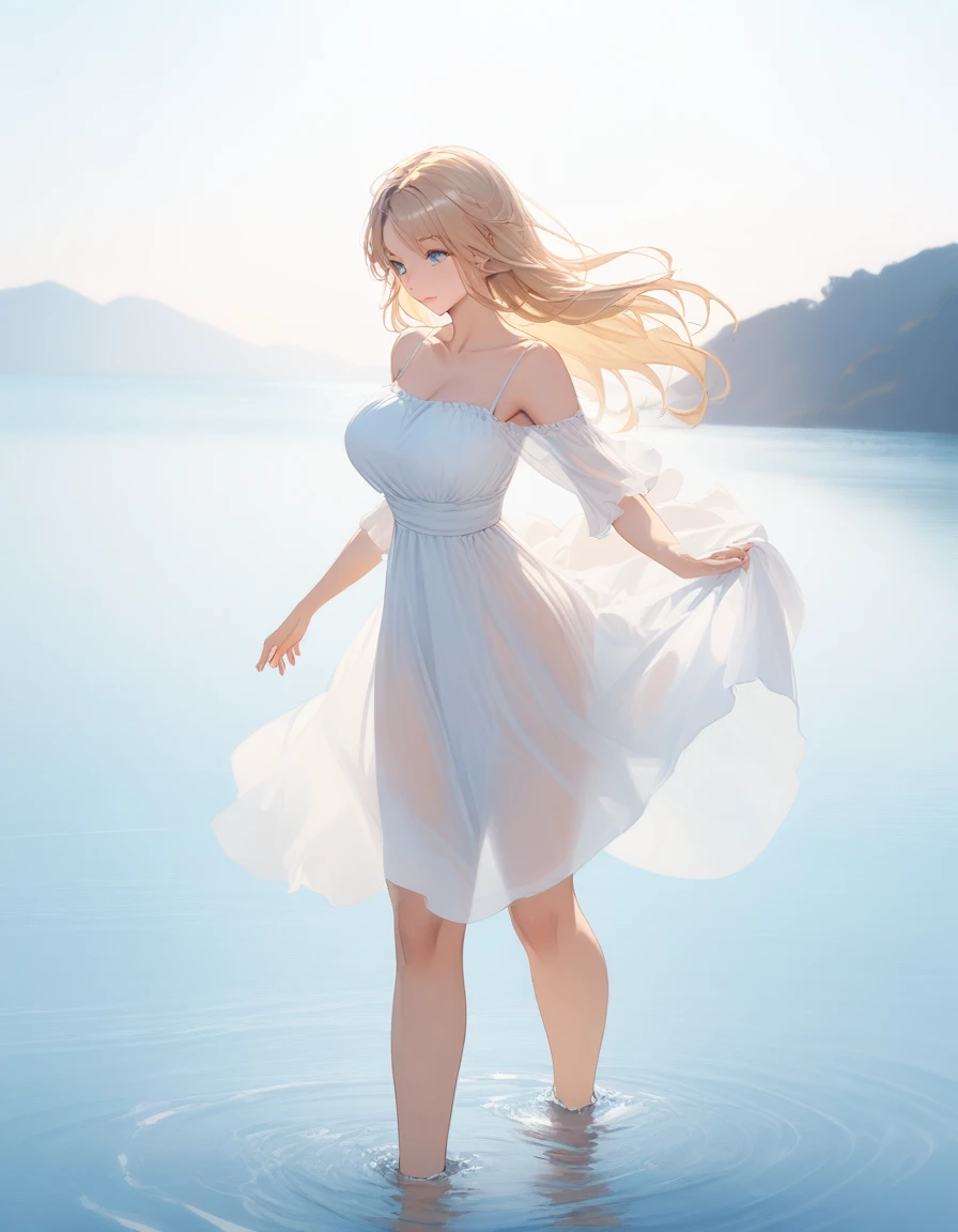 ((Highest quality、、masterpiece:1.3)), Upper Body、Long legs、Sharp focus:1.2, Beautiful woman with perfect figure:1.4、Big Breasts, (Smiling:1.2), double eyelid、30-year-old female、Sexy pose、((((walking on the water,bare foot,Close your mouth、One Woman、dress:1.5))))、Blue Eyes,Fantasy