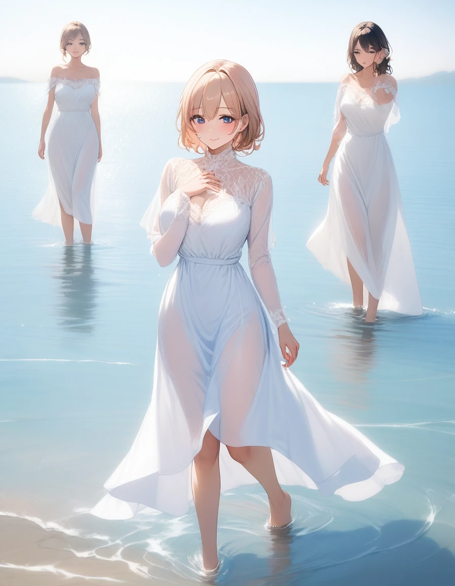 ((Highest quality、、masterpiece:1.3)), Upper Body、Long legs、Sharp focus:1.2, Beautiful woman with perfect figure:1.4、Big Breasts, (Smiling:1.2), double eyelid、30-year-old female、Sexy pose、((((walking on the water,bare foot,Close your mouth、One Woman、dress:1.5))))、Blue Eyes,Fantasy