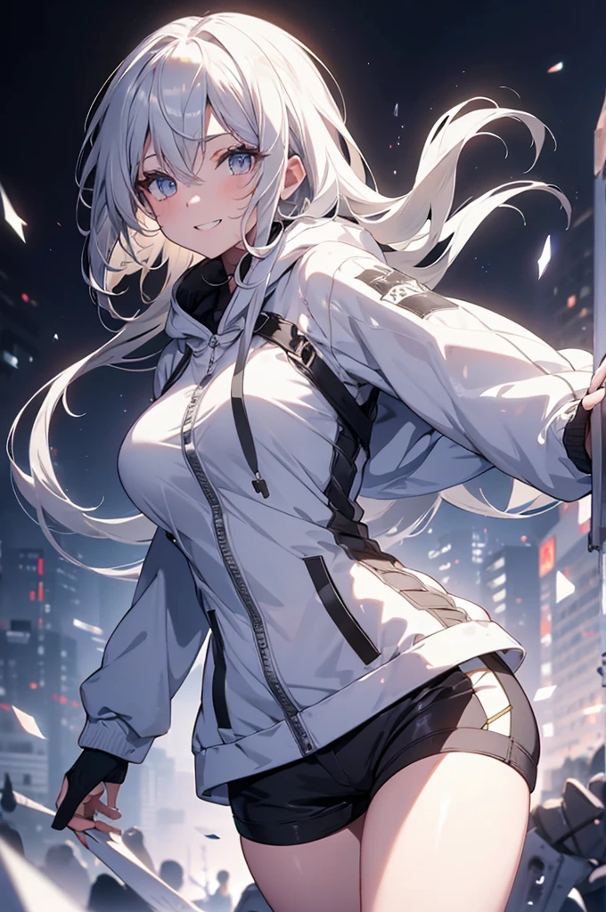  Concept Art, white Background, simple Background, White hair, Silver gradient hair , Composite cloth, Virtual YouTuber, best quality, masterpiece, Dynamic Angle, , cowboy_shooting, Watching_Back, grab, girl,Miss,woman, young,20 years old, , Hair Flip, Silver Hair, Flowing hair, Ahog, giggle, Beautiful and delicate golden eyes, teeth, Large Breasts, Blonde eyes, White skin, hoodie, Black_shorts, Gray clothes, transparent_Background, Backlighting, absurd, high resolution, Extremely detailed,sweater,Smile