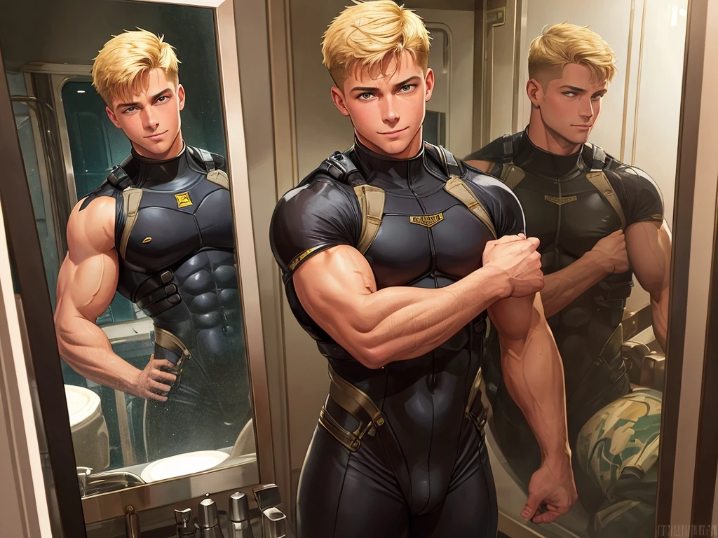 illustration in Leyendecker style; The girl deepthroats and sucks the big dick of the seal LT. Troy Adams. Standing 6'2" with ripped muscles trained as a Marine, he was ready. He looked into the mirror on the ship's bunk wall, applying camouflage to his 22-year-old face. His green eyes reflected his strong arrogant confidence. A smile appeared on his face as he covered his short blond hair. He looked at his reflection while adjusting his deep-sea rubber suit. It showed every curve of his toned body. He knew he was built well. He was ready!