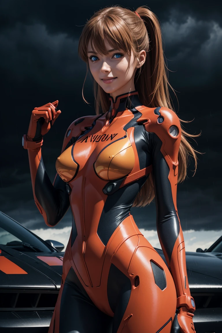 evangelion,asuka lanley,blue eyes,traje enchufable,Bodies,auriculares de interfaz,赤いBodies,ultra alta definición,calidad súper alta,obra maestra,Cámaras réflex digitales,Fotorrealista,Detalles detallados,detalles vívidos,representado en detalle,Una cara detallada,Detalles detallados,Súper detalle,textura de piel realista,Base anatómica,anatomía perfecta,mano anatómicamente correcta,Dedos anatómicamente correctos,Representación 3D compleja,pose sexy,cielo lluvioso,hermoso paisaje,fantástico cielo nocturno,pintoresco,Labios rosados,sonrisa,