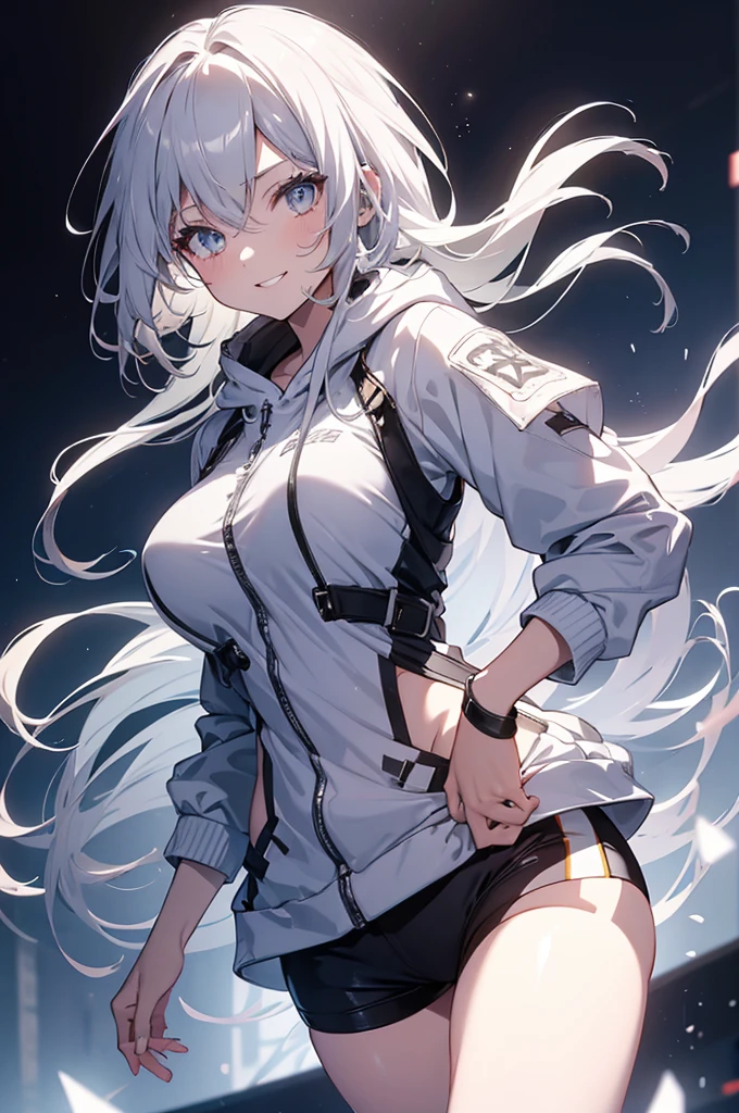  Concept Art, white Background, simple Background, White hair, Silver gradient hair , Composite cloth, Virtual YouTuber, best quality, masterpiece, Dynamic Angle, , cowboy_shooting, Watching_Back, grab, girl,Miss,woman, young,20 years old, , Hair Flip, Silver Hair, Flowing hair, Ahog, giggle, Beautiful and delicate golden eyes, teeth, Large Breasts, Blonde eyes, White skin, hoodie, Black_shorts, Gray clothes, transparent_Background, Backlighting, absurd, high resolution, Extremely detailed,sweater,Smile