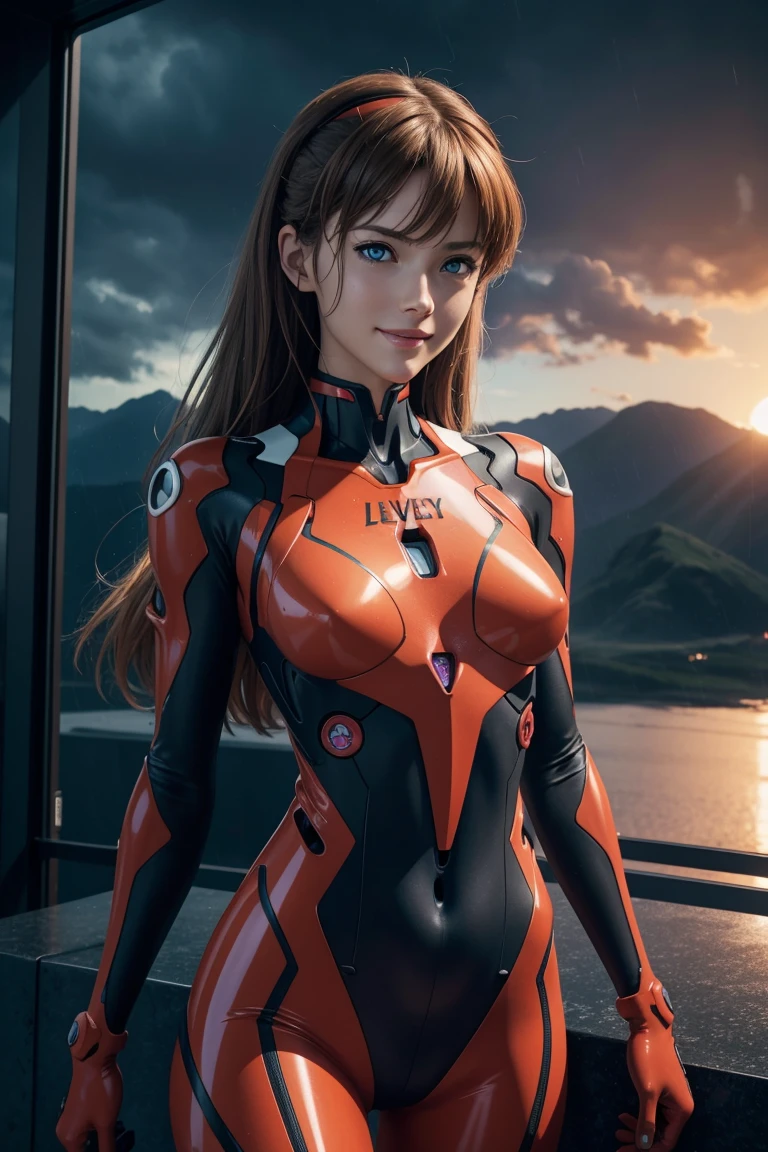 evangelion,asuka lanley,blue eyes,traje enchufable,Bodies,auriculares de interfaz,赤いBodies,ultra alta definición,calidad súper alta,obra maestra,Cámaras réflex digitales,Fotorrealista,Detalles detallados,detalles vívidos,representado en detalle,Una cara detallada,Detalles detallados,Súper detalle,textura de piel realista,Base anatómica,anatomía perfecta,mano anatómicamente correcta,Dedos anatómicamente correctos,Representación 3D compleja,pose sexy,cielo lluvioso,hermoso paisaje,fantástico cielo nocturno,pintoresco,Labios rosados,sonrisa,