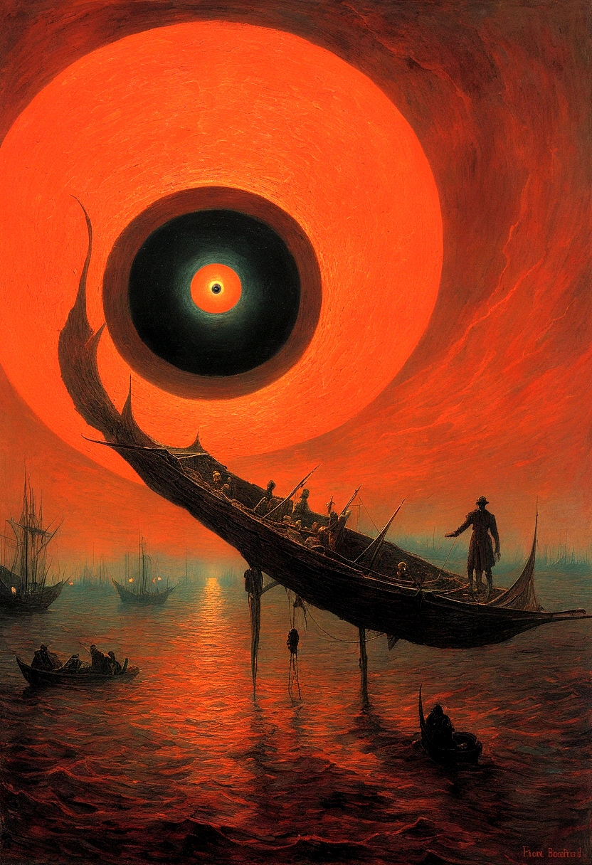 Mythical creatures, author：Zdzislaw Beksiński and Vincent van Gogh, Red moon and big eyeucha