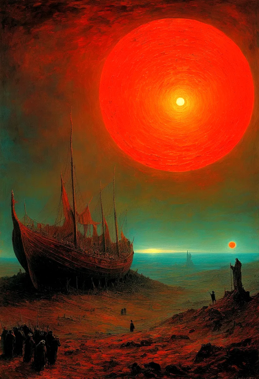 mythical creatures, author：zdzislaw beksiński and vincent van gogh, red moon and big eyeucha