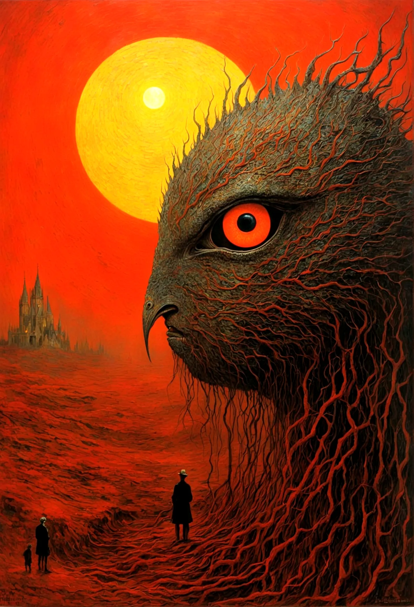 mythical creatures, author：zdzislaw beksiński and vincent van gogh, red moon and big eyeucha