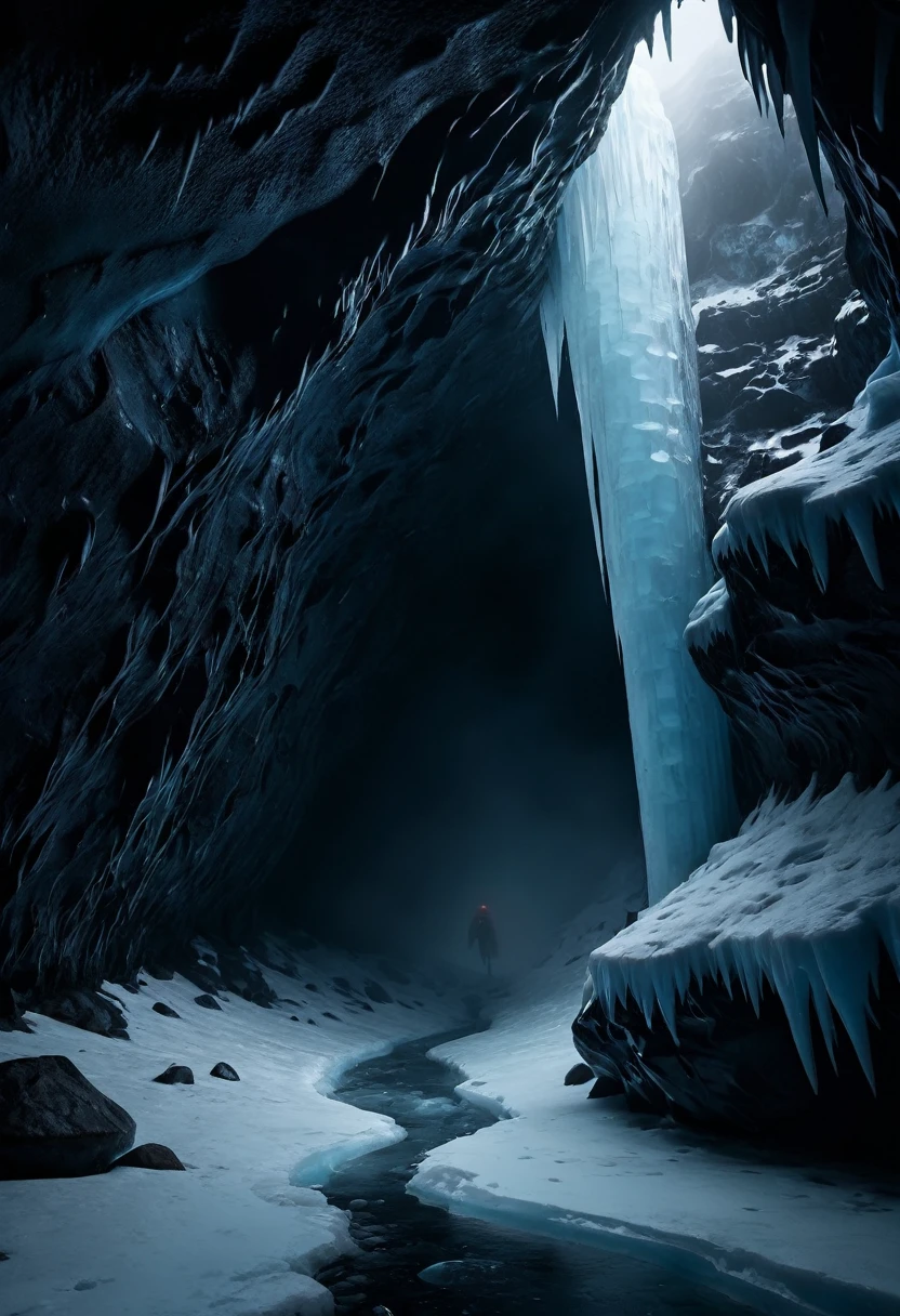 dark, horror, ice cave, fog, 8k