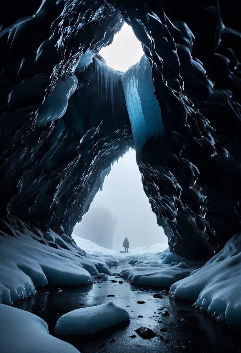 dark, ice cave, fog, 8k