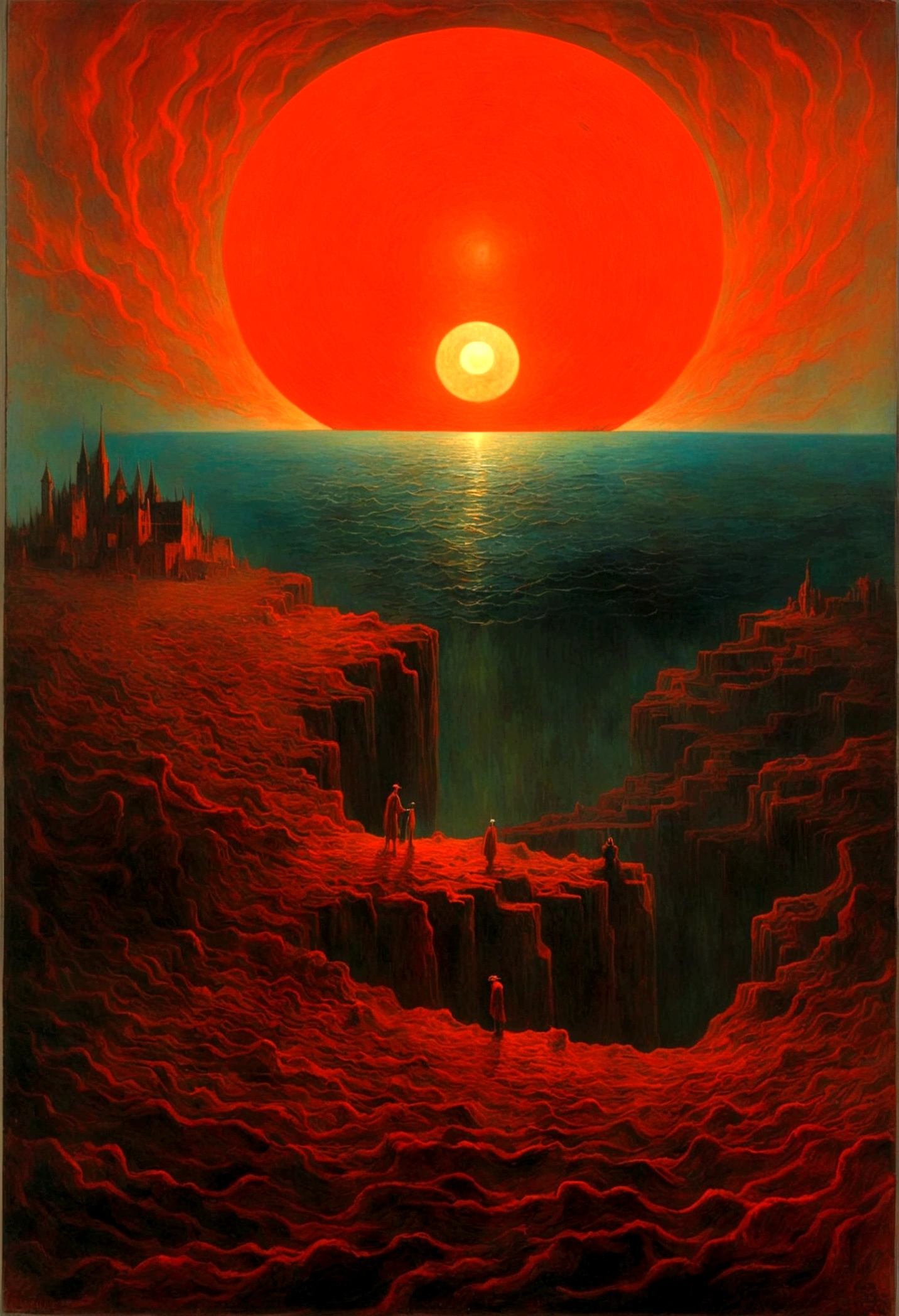 Mythical creatures, author：Zdzislaw Beksiński and Vincent van Gogh, Red moon and big eyeucha