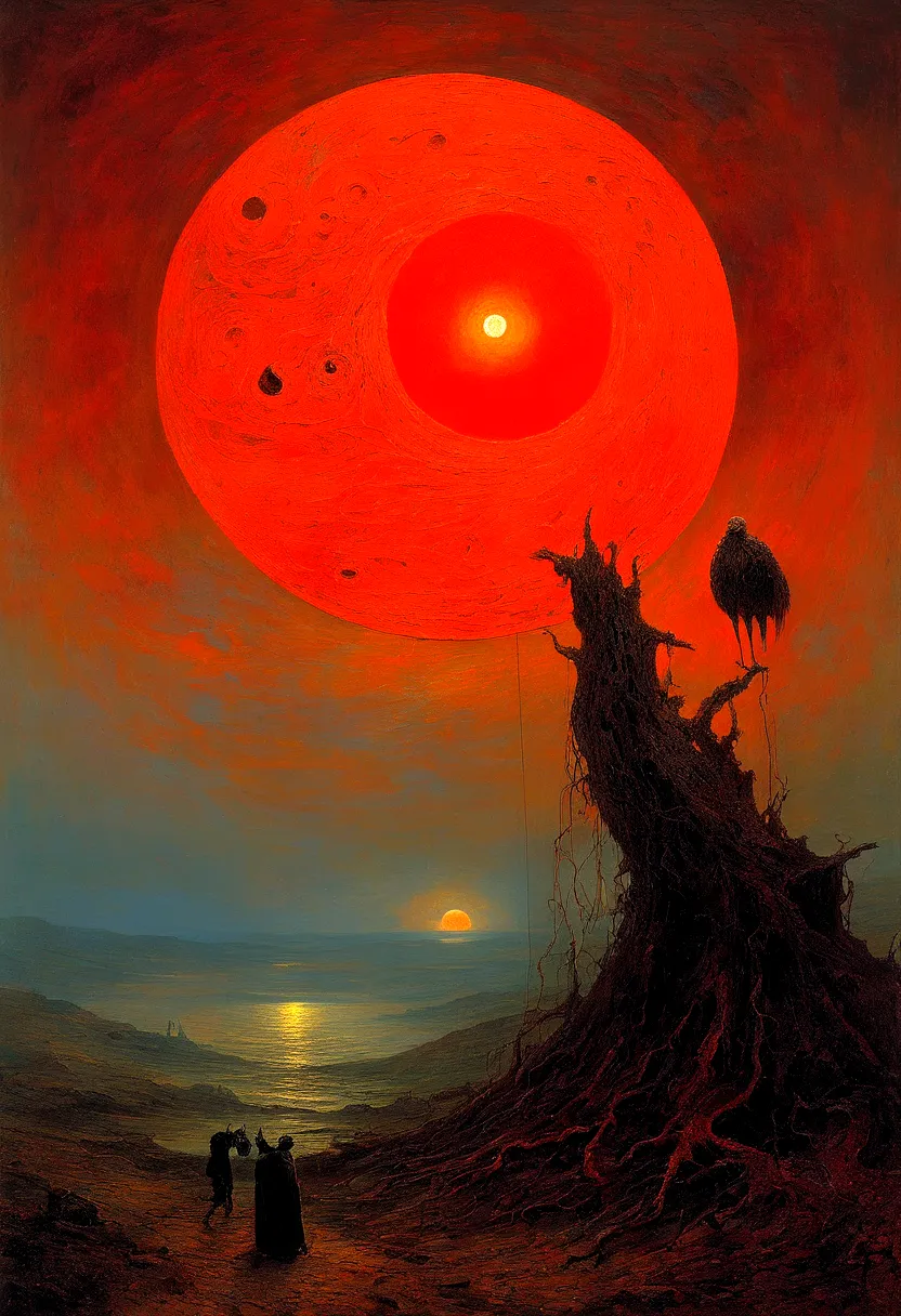 mythical creatures, author：zdzislaw beksiński and vincent van gogh, red moon and big eyeucha