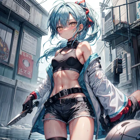 ((highest quality)), ((masterpiece)), ((detailed)), (4k), a girl with lightblue hair and a top with short sleeves holding a scre...