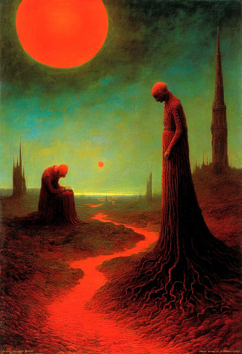 mythical creatures, author：zdzislaw beksiński and vincent van gogh, album cover, romantic, surrealism, futuristic ,微笑むredちゃん, co...