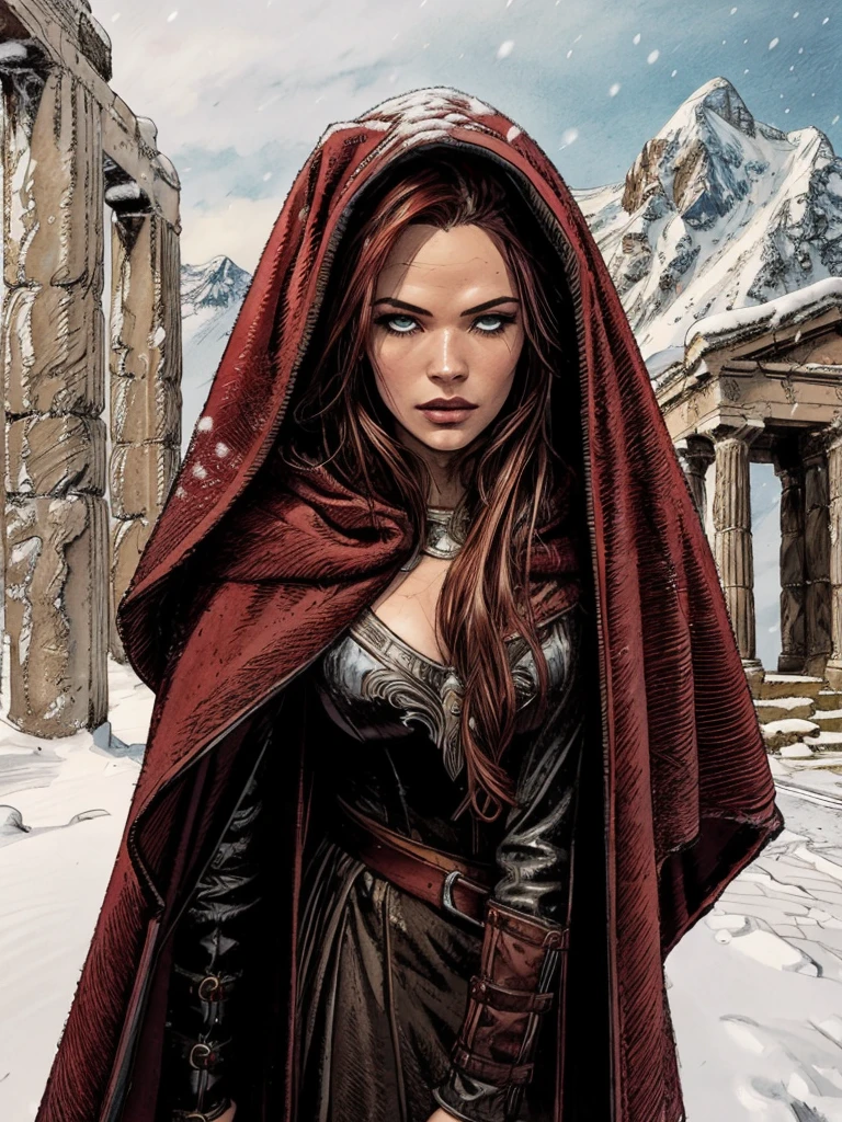 ​masterpiece, Best Quality, 4k, Background with:In front of the snow-covered stairs of a Greek temple with snow-capped mountains in the distance, valkyrie,dark red cloak, fiery silver hair, Fantasy, close up portrait photo, sultry look, seductive,
