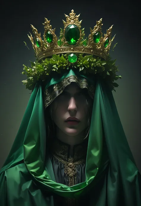 the man in the costume in an ad for topshop carries a green crown, in the style of conceptual sculptures, baroque chiaroscuro, g...