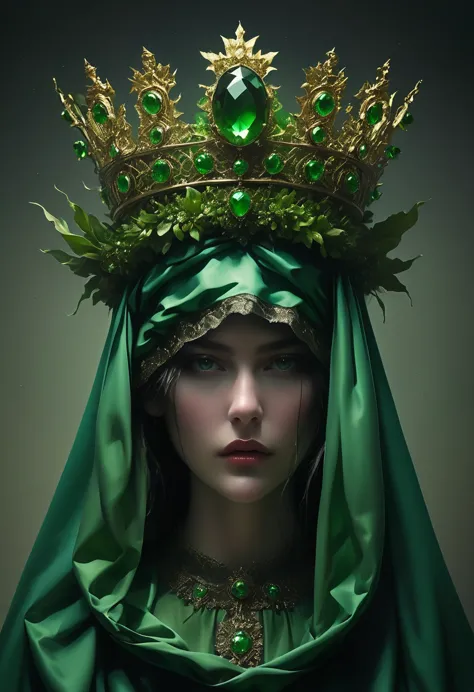 the man in the costume in an ad for topshop carries a green crown, in the style of conceptual sculptures, baroque chiaroscuro, g...