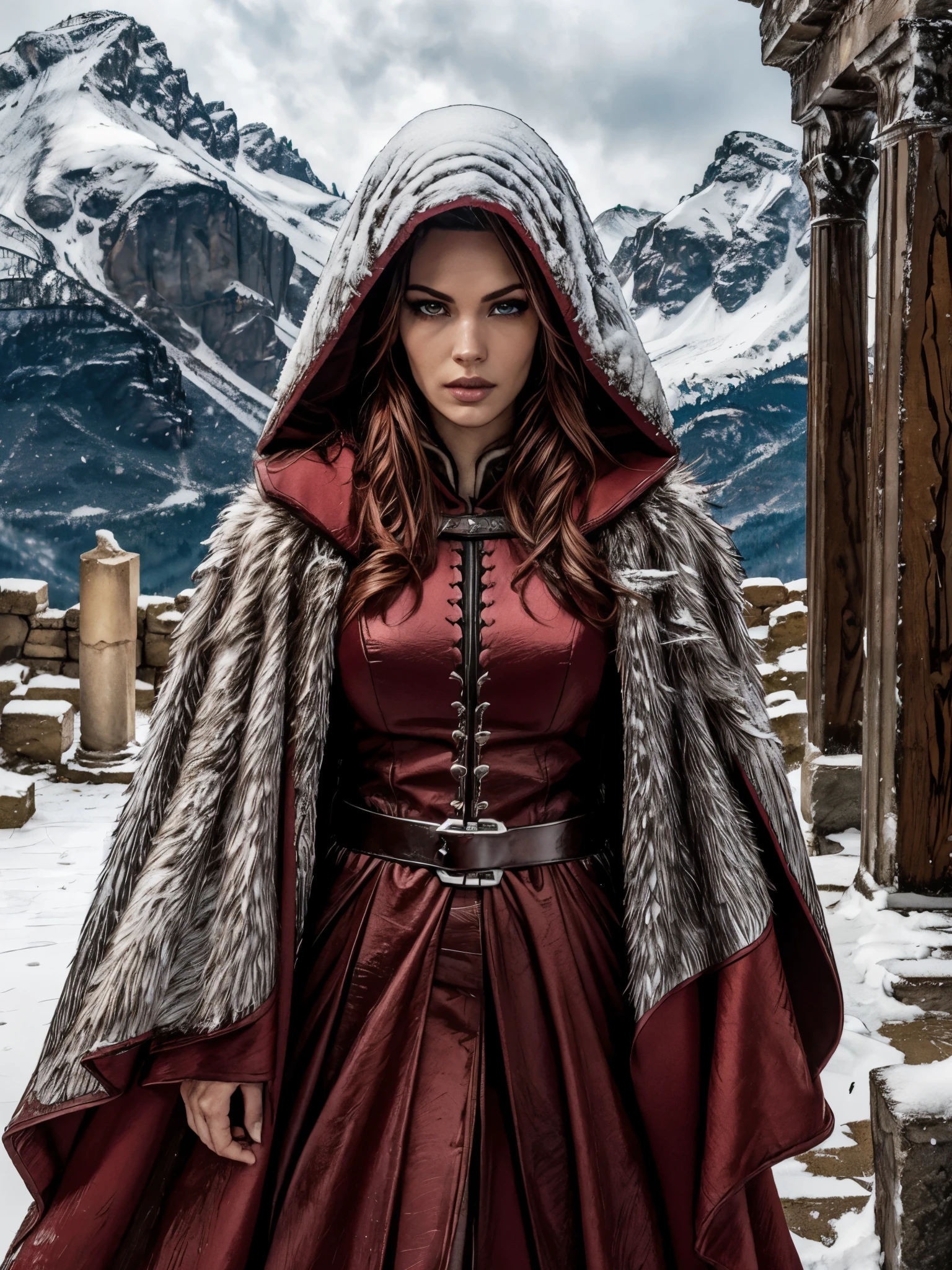 ​masterpiece, Best Quality, 4k, Background with:In front of the snow-covered stairs of a Greek temple with snow-capped mountains in the distance, valkyrie,dark red cloak, fiery silver hair, Fantasy, close up portrait photo, sultry look, seductive,
