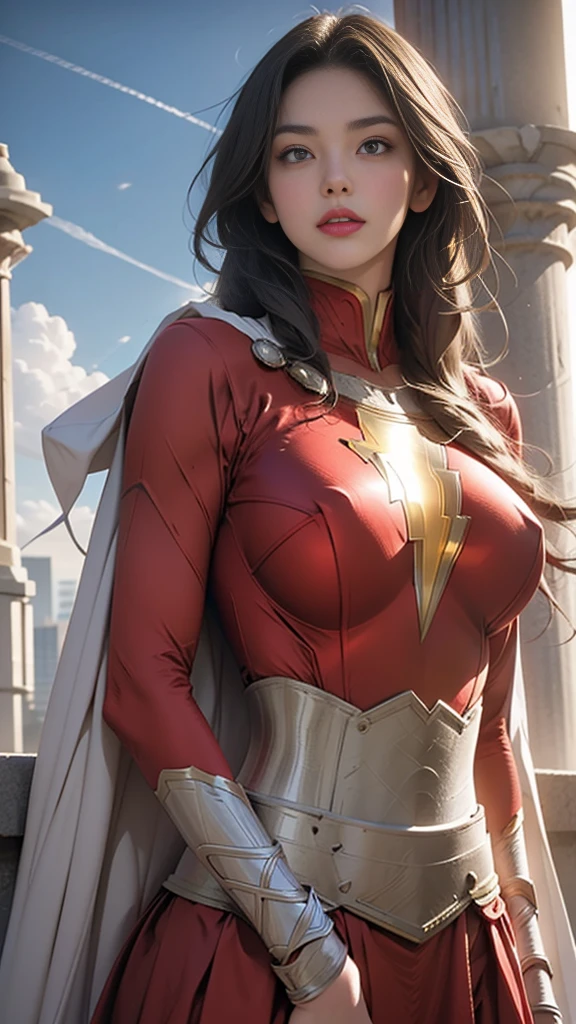 mary marvel, white cape, red dress, red skirt, long sleeves, bracer, large breasts, skintight, wide hips, leaning forward, wink, looking at viewer, cityscape, sky, clouds, from below, pov, upper body