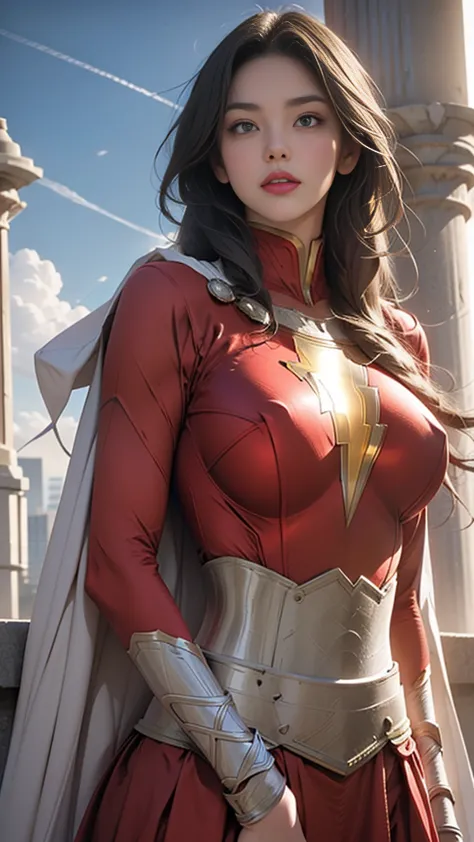mary marvel, white cape, red dress, red skirt, long sleeves, bracer, large breasts, skintight, wide hips, leaning forward, wink,...