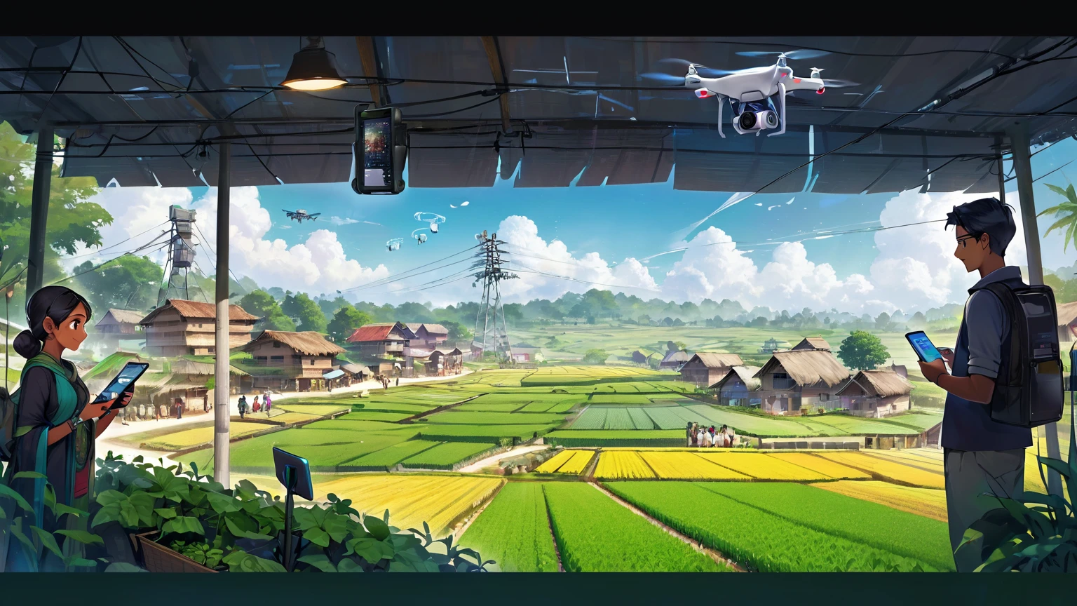 (Bangladesch)), poster image of a vibrant landscape of Bangladesch, wo Tradition und Technologie zusammentreffen, a Smart village emerges., Smart village: Eine Brücke zwischen Tradition und Technologie – eine vernetzte Gemeinschaft: Dorfbewohner begrüßen Internet und Computer, Verbesserung ihres täglichen Lebens und ihrer Arbeit. Moderne Landwirtschaft: Landwirte nutzen Smartphones für besseres Erntemanagement und besseren Marktzugang. Technisch versierte Familien: Glückliche Familien profitieren von verbesserter Kommunikation und Bildung durch Technologie. Innovative Infrastruktur: Mobilfunkmasten sorgen für nahtlose Konnektivität, mit Drohnen und Robotern, die die Landwirtschaft unterstützen