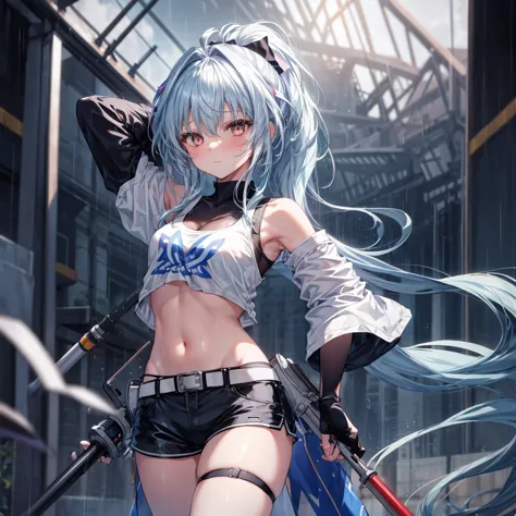 ((highest quality)), ((masterpiece)), ((detailed)), (4k), a girl with blue hair and a top with short sleeves holding a screw dri...