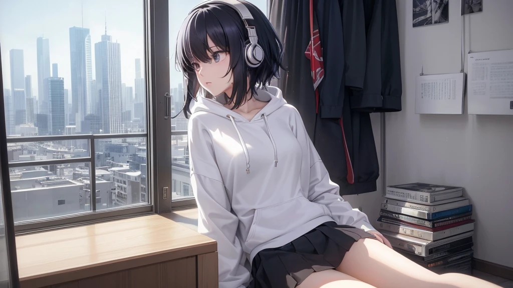 Ultra-high resolution, 8K, (Official Art, beautifully、mysterious:1.2), Anime Art Wallpaper, Works by Makoto Xin Haicheng, Lofi Art Style, Lo-fi feel, Perfect human body composition, Perfect skeleton, Impressive eyes, Oversized hoodie and short skirt, Shiny long black hair, Larger than average bust, Girl listening to music with headphones, Looking out the window, City Room, A room for music lovers, city view from the window, Impressive cityscape, Bright Sky