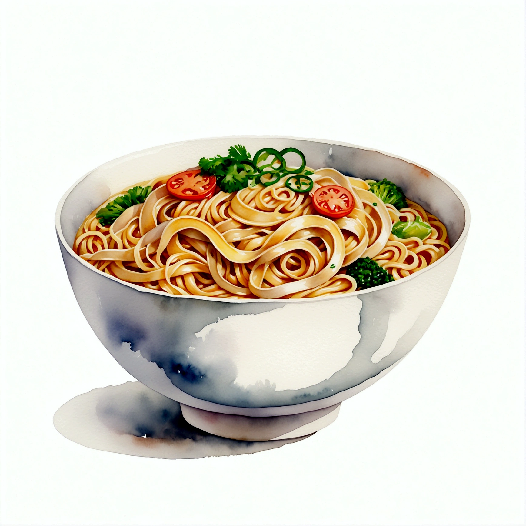 hay un enorme plato de fideos extremadamente delicioso, ilustración, aislado con fondo blanco sólido, rodeado de espacio negativo, composición centrada, 8K, pintura muy detallada, pintura muy precisa, aislado, Fondo blanco claro y brillante, ángulo de visión en perspectiva, Realista, acuarela