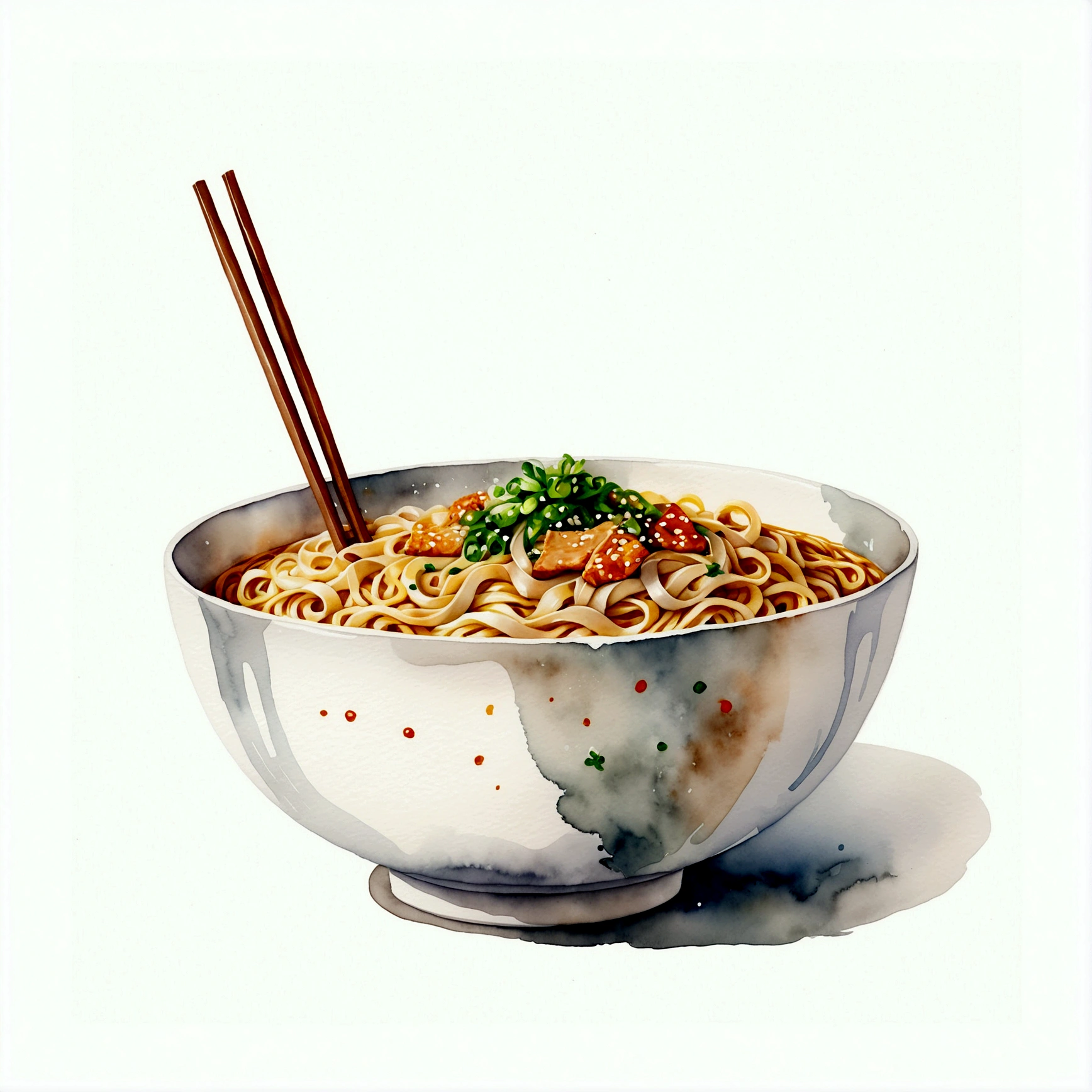 there is a huge extremely delicious bowl of noodle, illustration, isolated with solid white background, surrounded with negative space, centered compositon, 8k, highly detailed painting, very precise painting, Isolated, clear brilliant white background, perspective angle of view, realistic, watercolor